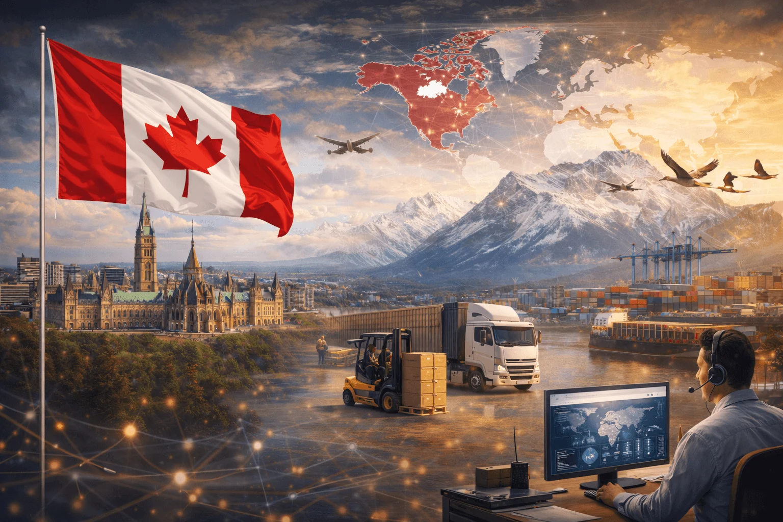 Canadian city skyline with natural landscape